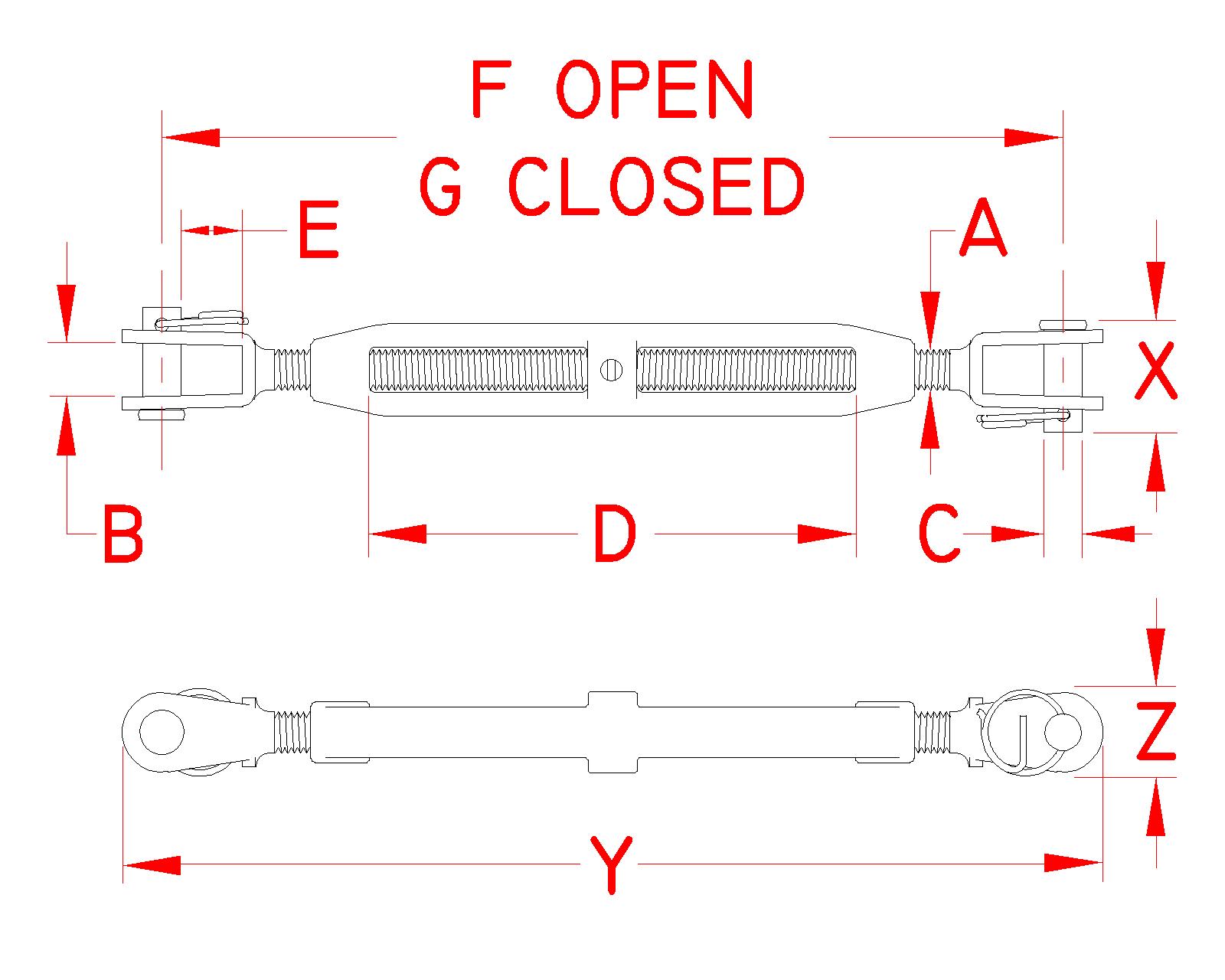 Stainless Steel Cast Jaw and Jaw Turnbuckle, S0154-JJ05, S0154-JJ07, S0154-JJ08, S0154-JJ10, S0154-JJ10, S0154-JJ16, S0154-JJ20, Line Drawing Stainless Steel Cast Jaw and Jaw Turnbuckle, S0154-JJ05, S0154-JJ07, S0154-JJ08, S0154-JJ10, S0154-JJ10, S0154-JJ16, S0154-JJ20, Line Drawing